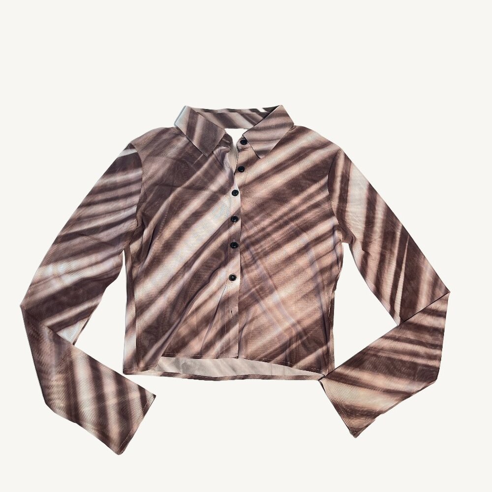 Mesh Long Sleeve Button-up Collard Long Crop Brown and Cream Design Top Size SM